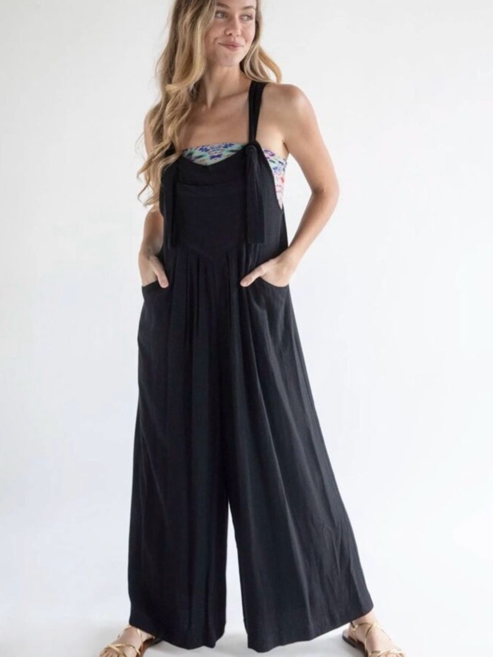 NATURAL LIFE Black Carington Wide-Leg Tie-Strap Jumpsuit